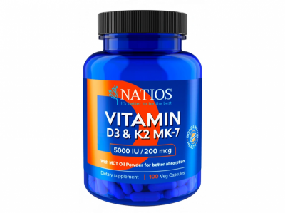 Natios Vitamin D3 + K2 (MenaQ7 MK-7), 5000 IU + 200 mcg, 100 cps.