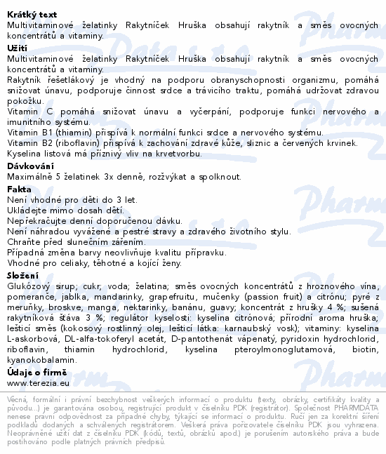 Terezia Company Rakytníček multivitamínové želatínky s rakytníkom príchuť hruška 70 ks