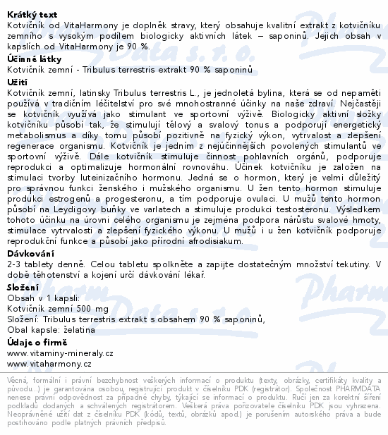 VitaHarmony Kotvičník 500mg 90% saponinů cps.80