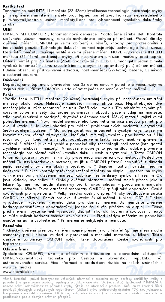 Tonometr dig.OMRON M3 Comfort intelli 4roky záruka