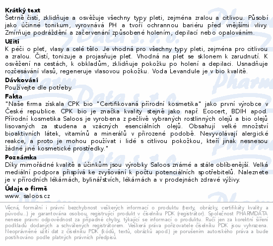 Saloos Levandulová voda 100% BIO 100ml