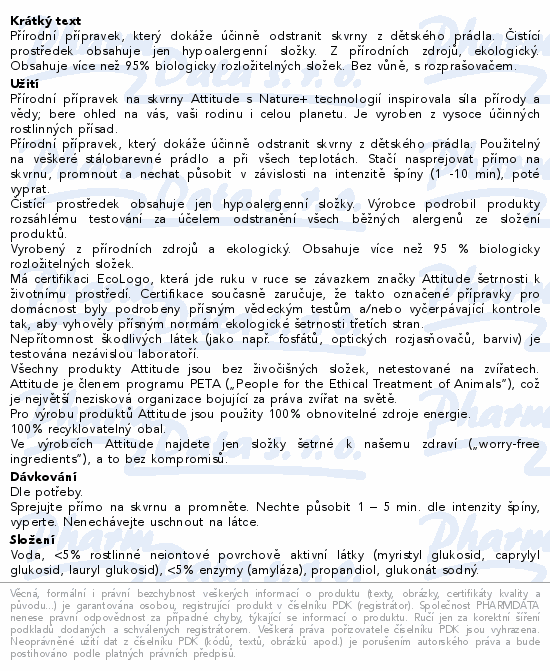 ATTITUDE Odstraňovač skvrn na dětské prádlo 800ml