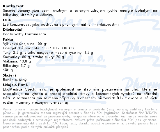 Banány sušené přírodní 1000g EkoMedica
