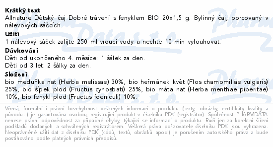 Allnature Děts.čaj Dobré tráv.fen.BIO 20x1.5g 4M+